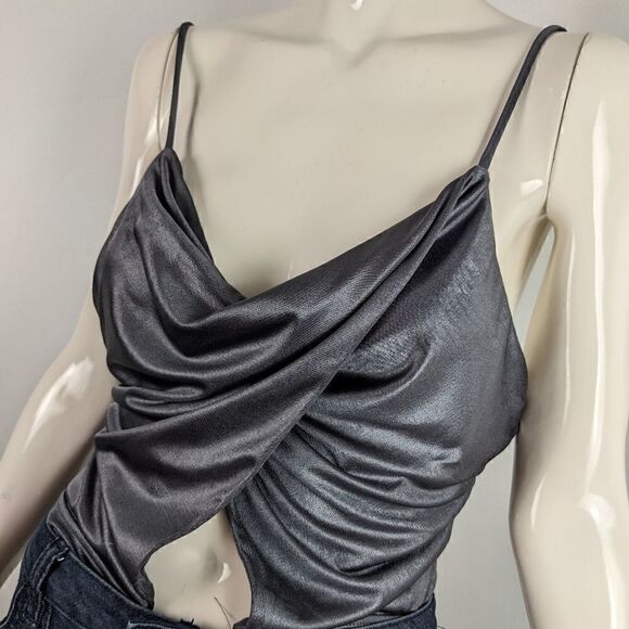Lush Body suit, metallic grey cowl neck, cut out front wrap tank top size medium - Picture 5 of 5